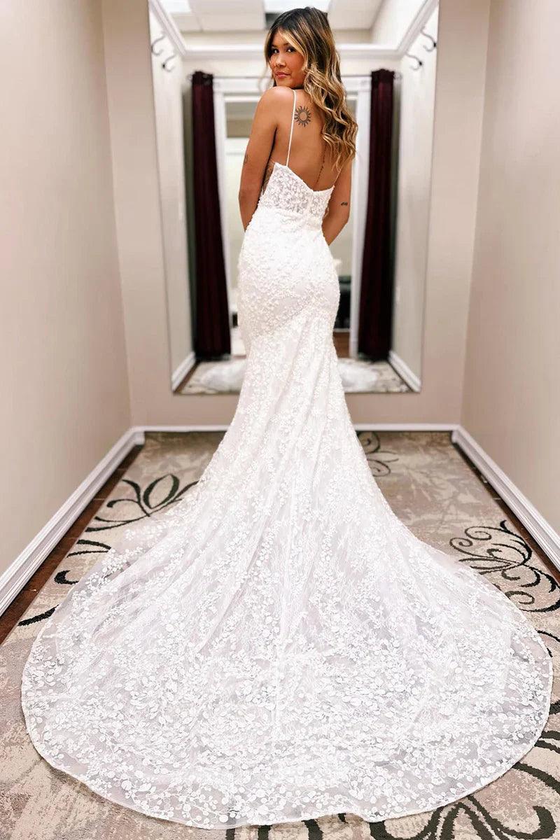 Brautkleid Elfenbein Spaghettiträger Spitze Meerjungfrau mit Schleppe