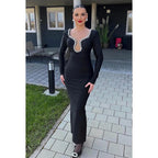 Elegante y lujoso vestido de noche de fiesta con escote en V, mangas largas y diamantes de imitación