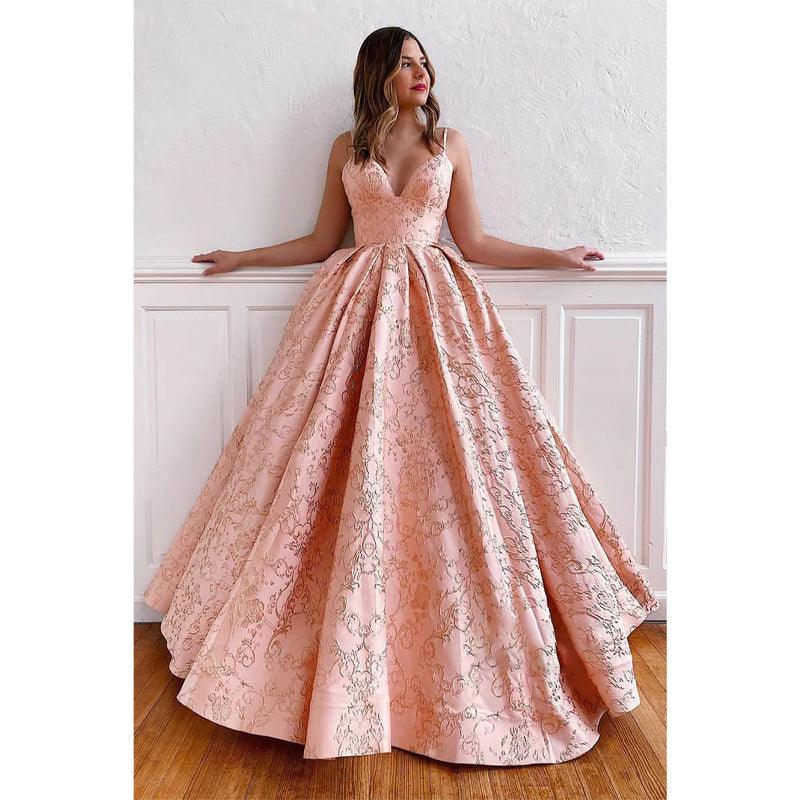 Exquisites langes Ballkleid aus Spitze mit V-Ausschnitt und Spaghettiträgern in A-Linie 
