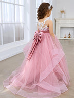 Vestido de princesa sin mangas de tul para niña de las flores con encaje y lazo rosa (010224320) 