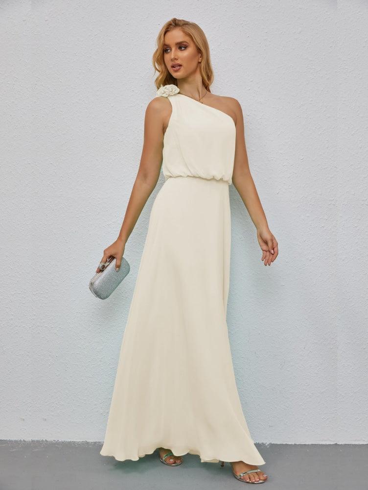 Ruffled One Shoulder Sleeveless Long Bridesmaid Dresses A-line Formal Evening Gown Side Split 28080-numbersea