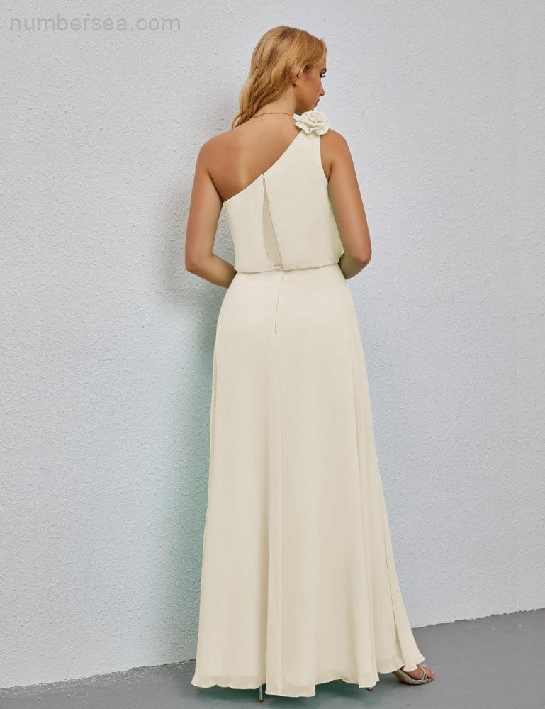 Ruffled One Shoulder Sleeveless Long Bridesmaid Dresses A-line Formal Evening Gown Side Split 28080-numbersea