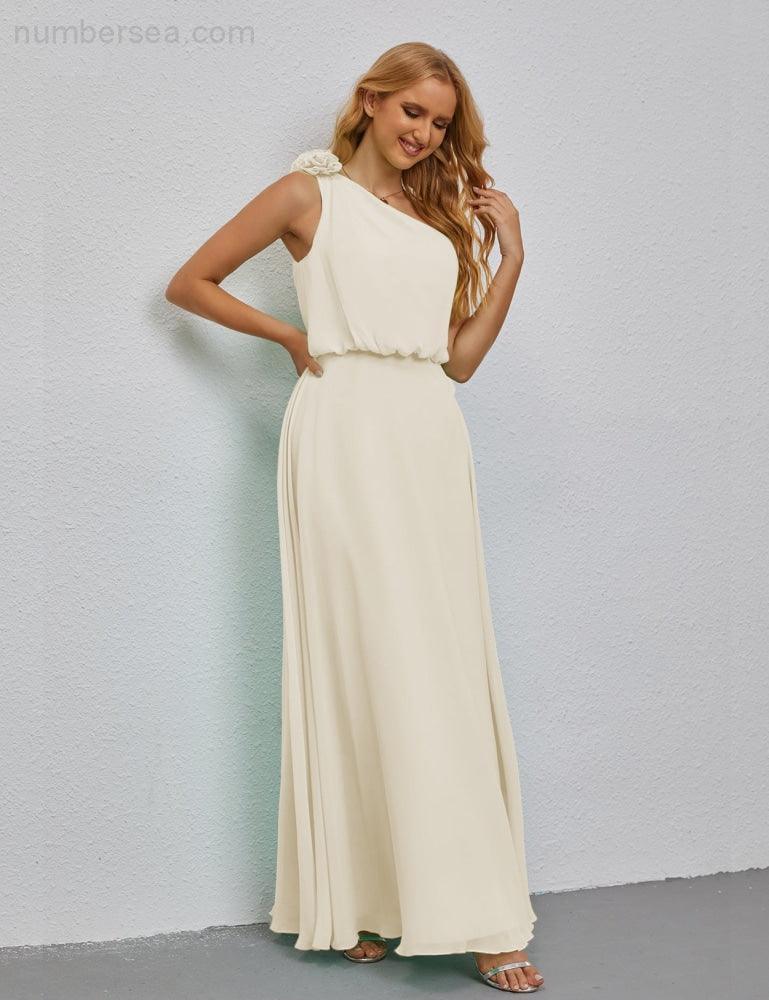 Ruffled One Shoulder Sleeveless Long Bridesmaid Dresses A-line Formal Evening Gown Side Split 28080-numbersea