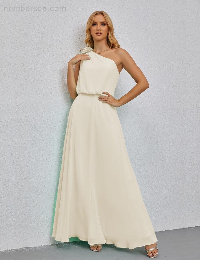 Ruffled One Shoulder Sleeveless Long Bridesmaid Dresses A-line Formal Evening Gown Side Split 28080-numbersea