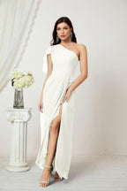 Numbersea Chiffon Ruffled One Shoulder Long Bridesmaid Dresses A-line Formal Evening Gown Side Split 2809-numbersea