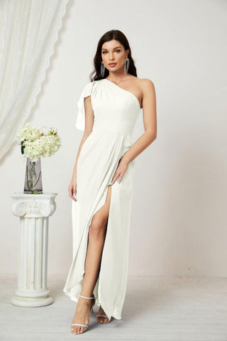 Numbersea Chiffon Ruffled One Shoulder Long Bridesmaid Dresses A-line Formal Evening Gown Side Split 2809-numbersea