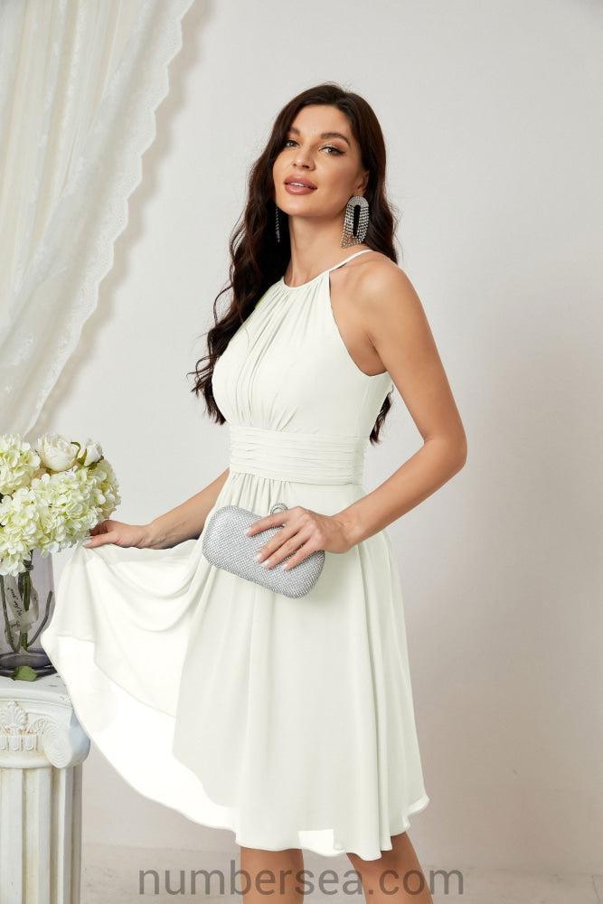 Halter Bridesmaid Dresses Knee Length A Line Formal Evening Party Cocktail Dress 28011 Ivory