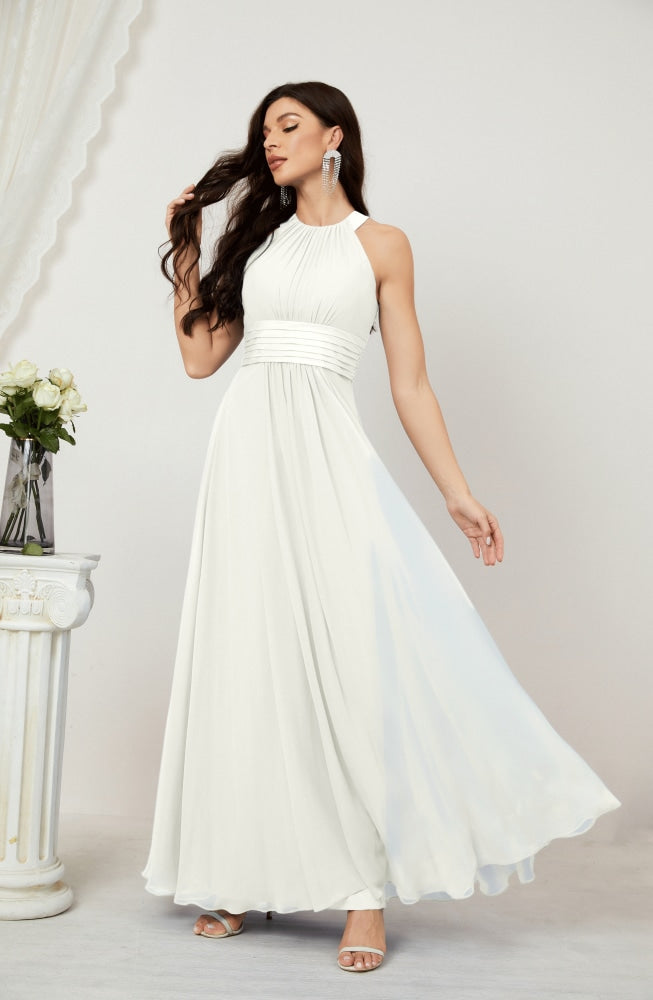 Numbersea Formal Party Gown Dress Chiffon Halter Long Sleeveless Bridesmaid Dresses 2802 Ivory