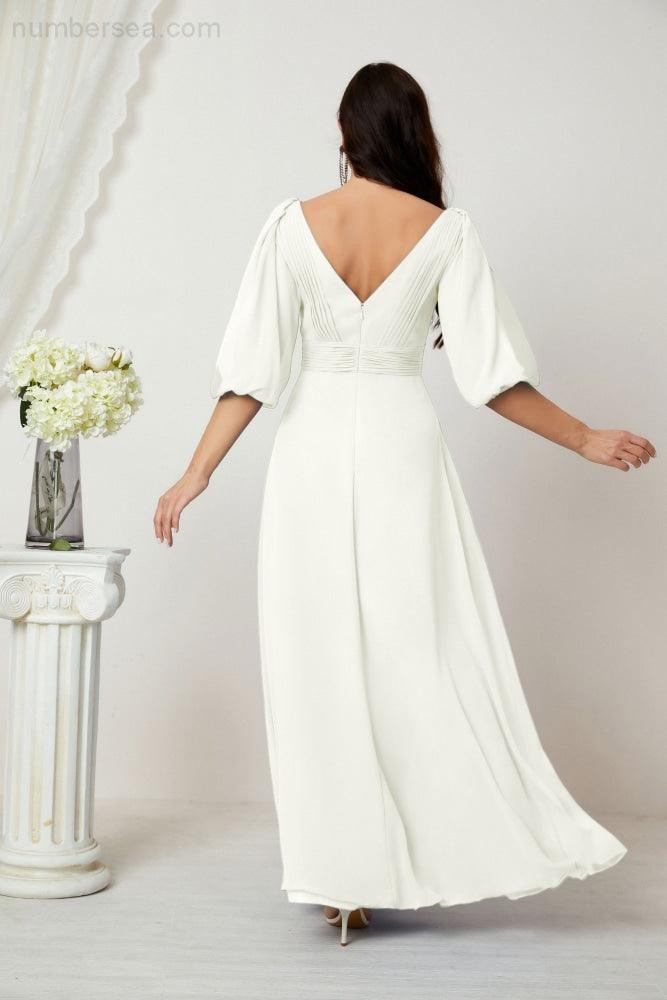 Numbersea Formal Prom Gown Women V-Neck Chiffon Bridesmaid Dresses Long Bishop Sleeve Party Dress 2807-numbersea