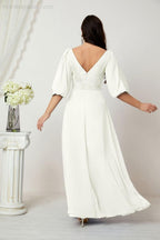 Numbersea Formal Prom Gown Women V-Neck Chiffon Bridesmaid Dresses Long Bishop Sleeve Party Dress 2807-numbersea