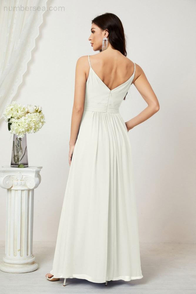 Numbersea Chiffon V-Neck Bridesmaid Dress Spaghetti Strap Long Formal Party Prom Gowns with Slit 28010-numbersea