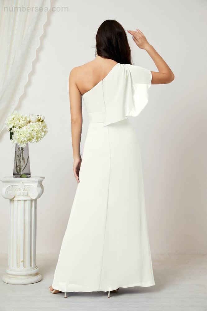 Numbersea Chiffon Ruffled One Shoulder Long Bridesmaid Dresses A-line Formal Evening Gown Side Split 2809-numbersea