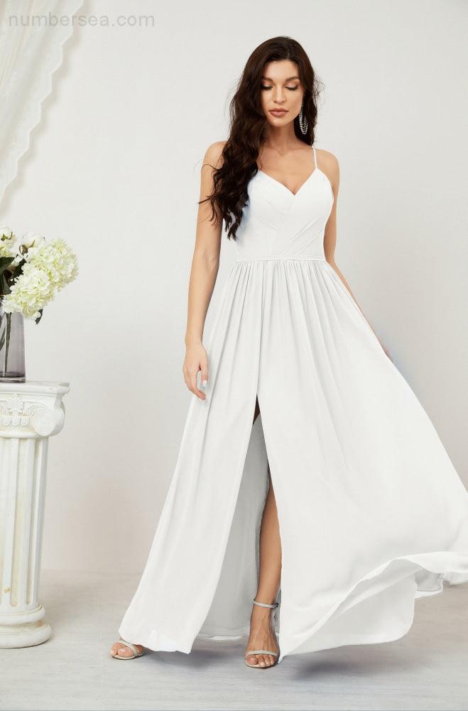 Numbersea Neck Bridesmaid Dresses Chiffon Long Spaghetti A-Line Formal Prom Gown For Wedding Party