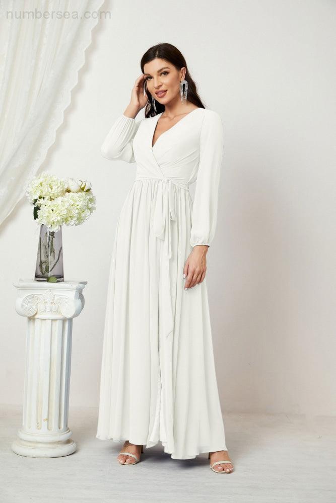 Numbersea Evening Dresses Deep V-Neck Chiffon Bridesmaid Dresses Long Bishop Sleeve Side Split Formal Dress 2806-numbersea