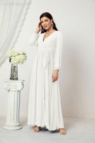 Numbersea Evening Dresses Deep V-Neck Chiffon Bridesmaid Dresses Long Bishop Sleeve Side Split Formal Dress 2806-numbersea