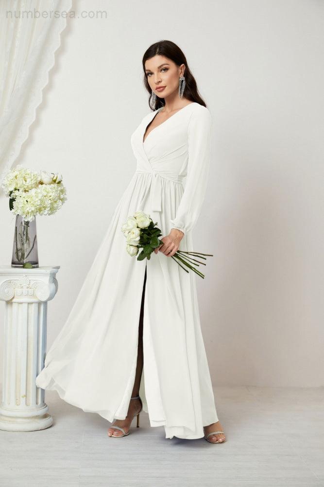 Numbersea Evening Dresses Deep V-Neck Chiffon Bridesmaid Dresses Long Bishop Sleeve Side Split Formal Dress 2806-numbersea
