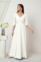 Numbersea Formal Prom Gown Women V-Neck Chiffon Bridesmaid Dresses Long Bishop Sleeve Party Dress 2807-numbersea