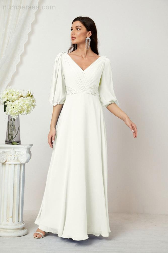 Numbersea Formal Prom Gown Women V-Neck Chiffon Bridesmaid Dresses Long Bishop Sleeve Party Dress 2807-numbersea