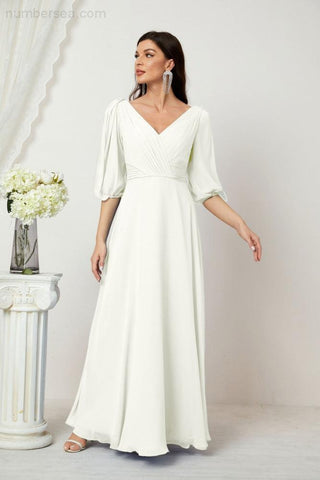 Numbersea Formal Prom Gown Women V-Neck Chiffon Bridesmaid Dresses Long Bishop Sleeve Party Dress 2807-numbersea