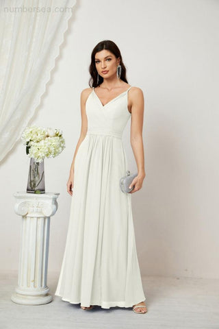 Numbersea Chiffon V-Neck Bridesmaid Dress Spaghetti Strap Long Formal Party Prom Gowns with Slit 28010-numbersea