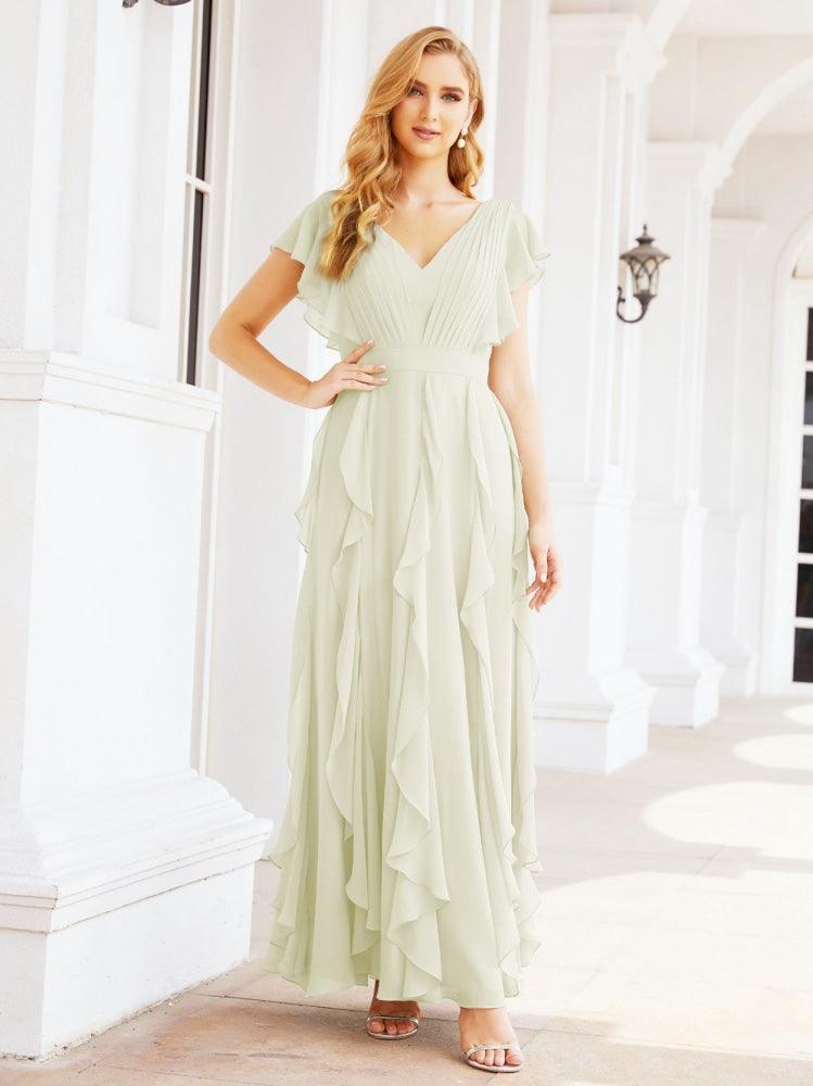 Ruffled Bridesmaid Dresses with Sleeves Long Formal Party Dress 28041-numbersea
