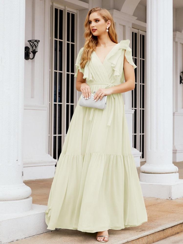 Numbersea Women's Open Back Formal Evening Party Prom Gowns V-Neck Long Chiffon Bridesmaid Dresses with Waist Belt 28038-numbersea