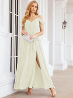 Numbersea Off The Shoulder Chiffon Bridesmaid Dress Long Formal Graduation Gown with Cowl Back 28069-numbersea