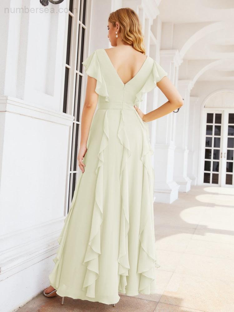 Ruffled Bridesmaid Dresses with Sleeves Long Formal Party Dress 28041-numbersea
