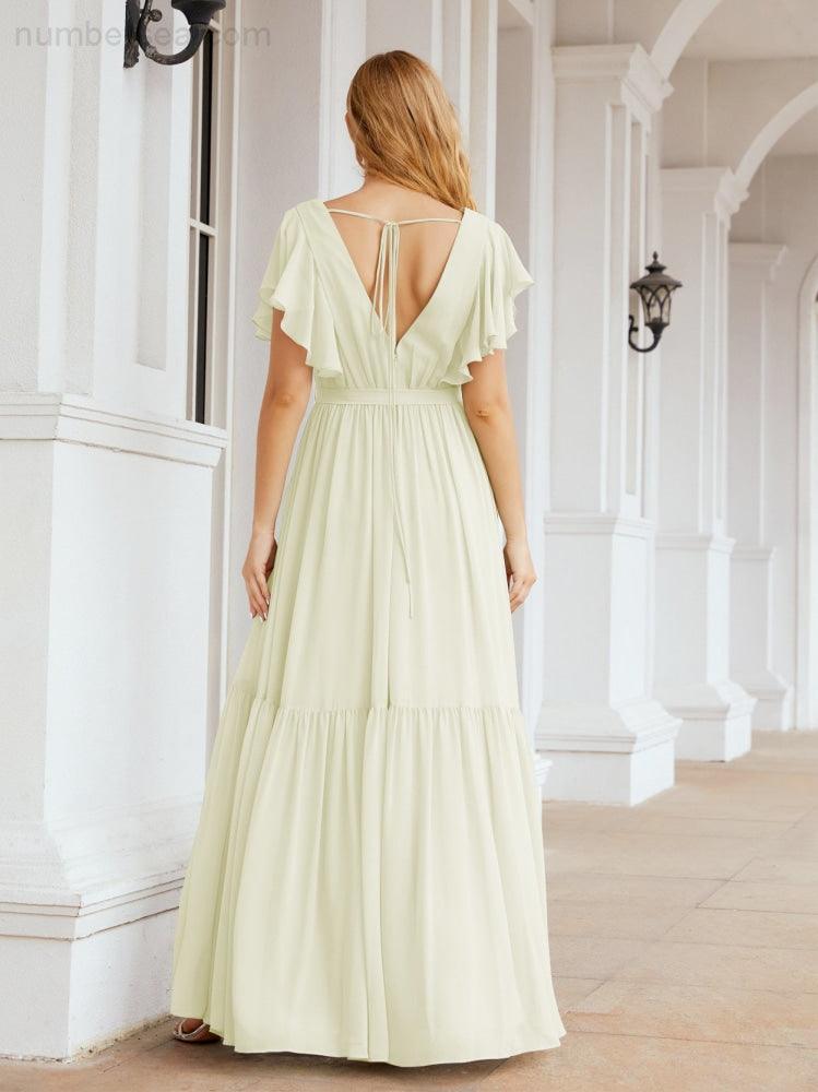 Numbersea Women's Open Back Formal Evening Party Prom Gowns V-Neck Long Chiffon Bridesmaid Dresses with Waist Belt 28038-numbersea