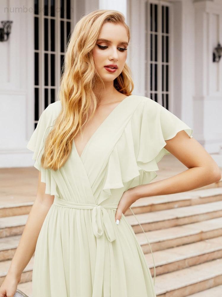 Numbersea Women's Open Back Formal Evening Party Prom Gowns V-Neck Long Chiffon Bridesmaid Dresses with Waist Belt 28038-numbersea