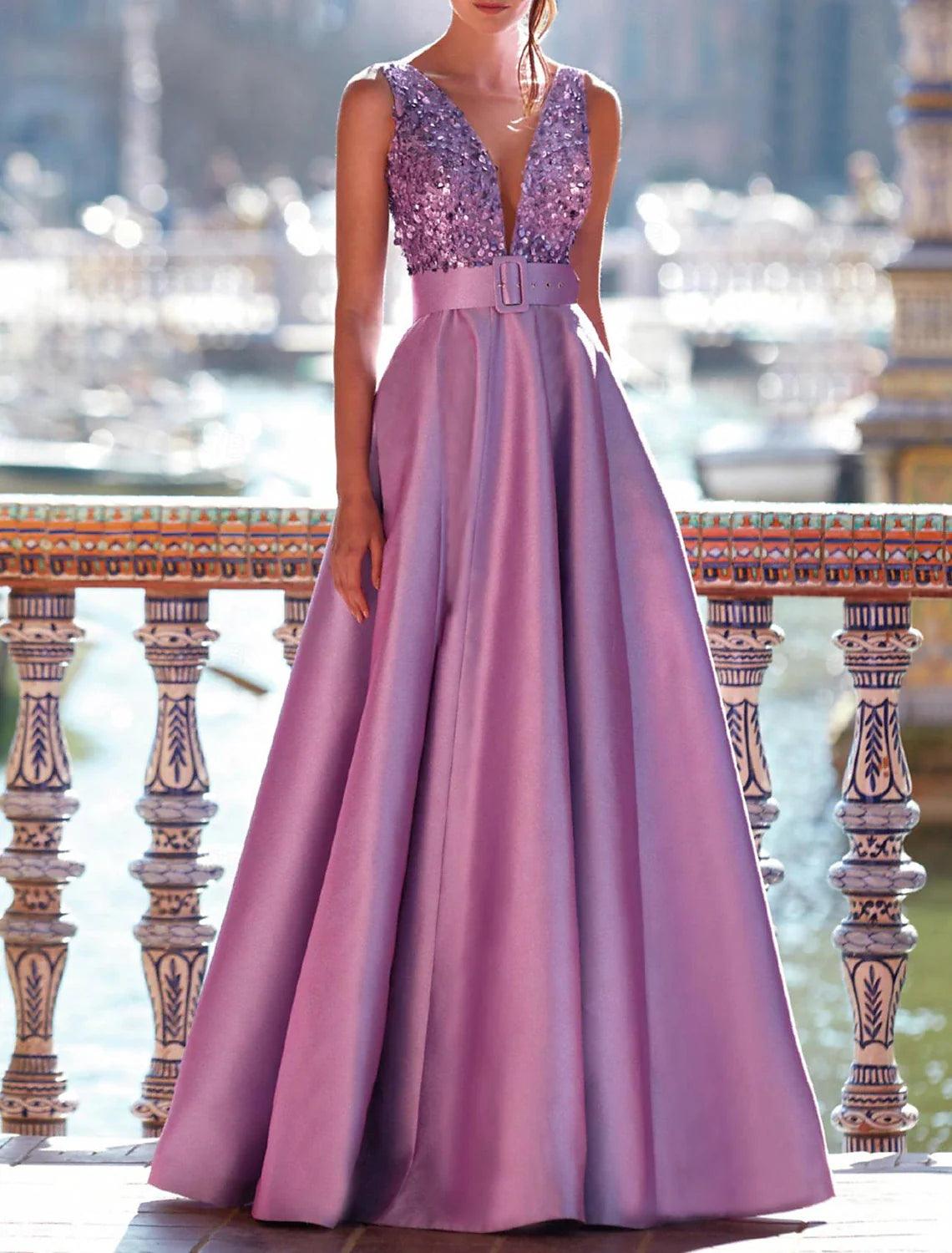 Kleid Elegantes formelles Hochzeitskleid Bodenlang Ärmellos V-Ausschnitt Tasche Satin mit Perlen Abendkleid