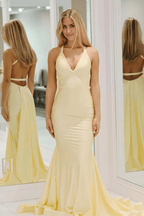 Yellow Mermaid Prom Dress Unique Open Back Bandage Gown