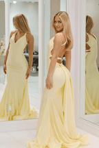 Yellow Mermaid Prom Dress Unique Open Back Bandage Gown