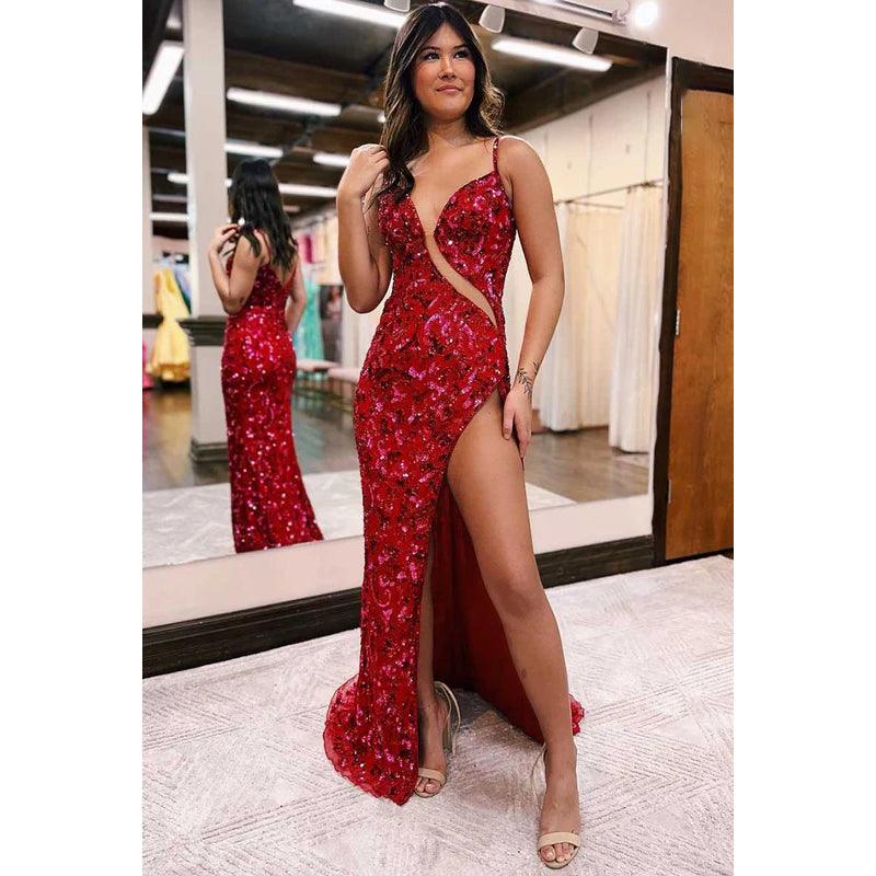 Vestido de fiesta largo con escote en V, aberturas, lentejuelas y apliques