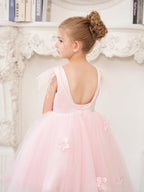 Vestido de princesa sin mangas de tul para niña de las flores con cuentas y lazo de plumas (010224704) 