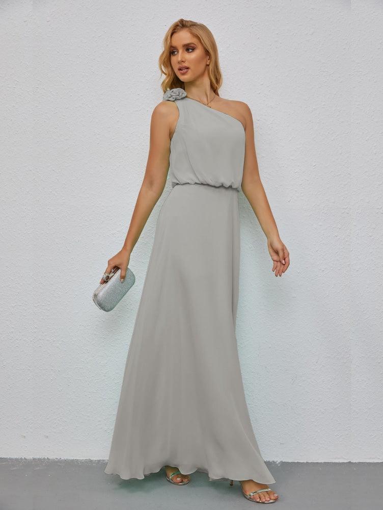 Ruffled One Shoulder Sleeveless Long Bridesmaid Dresses A-line Formal Evening Gown Side Split 28080-numbersea