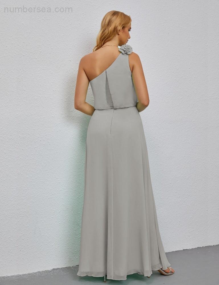 Ruffled One Shoulder Sleeveless Long Bridesmaid Dresses A-line Formal Evening Gown Side Split 28080-numbersea