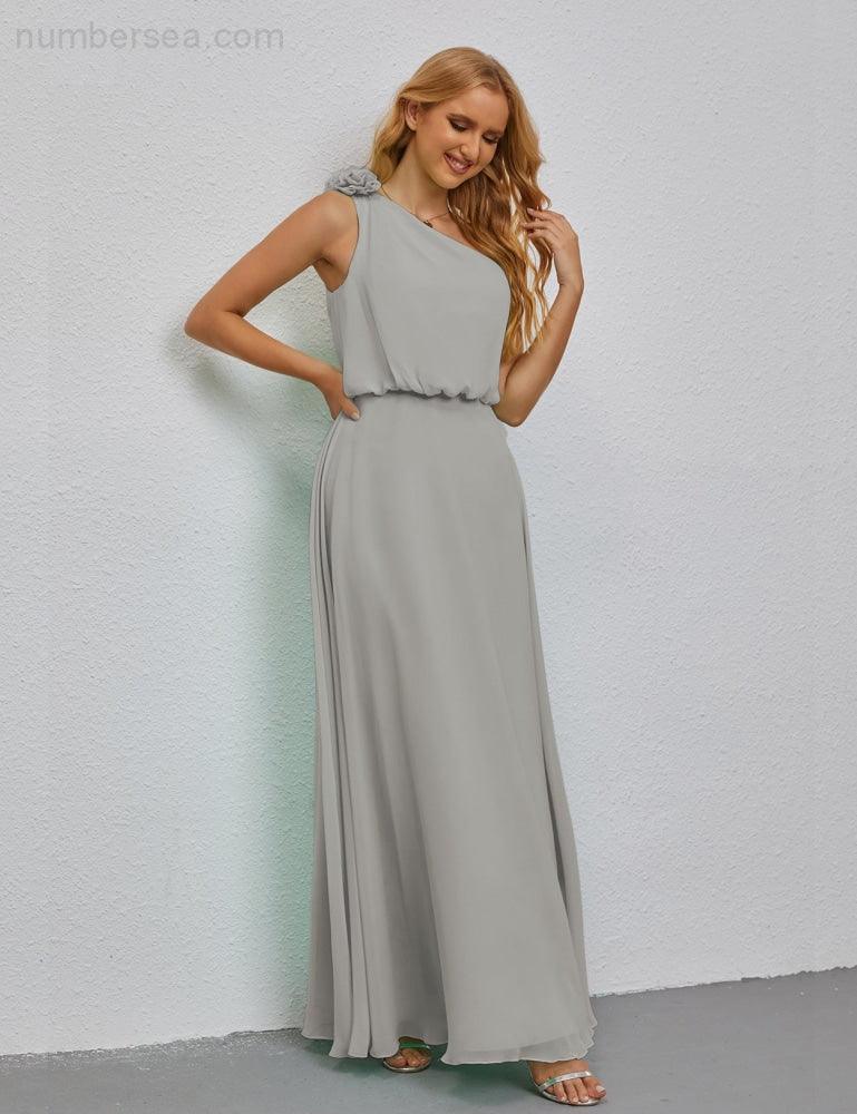 Ruffled One Shoulder Sleeveless Long Bridesmaid Dresses A-line Formal Evening Gown Side Split 28080-numbersea