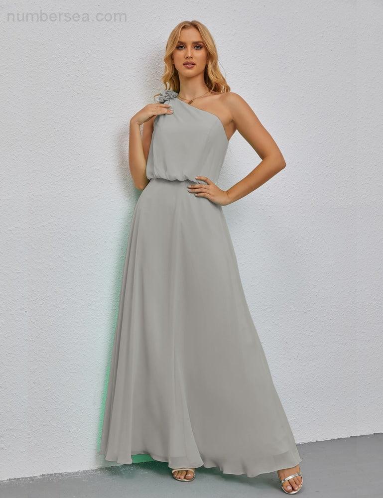 Ruffled One Shoulder Sleeveless Long Bridesmaid Dresses A-line Formal Evening Gown Side Split 28080-numbersea