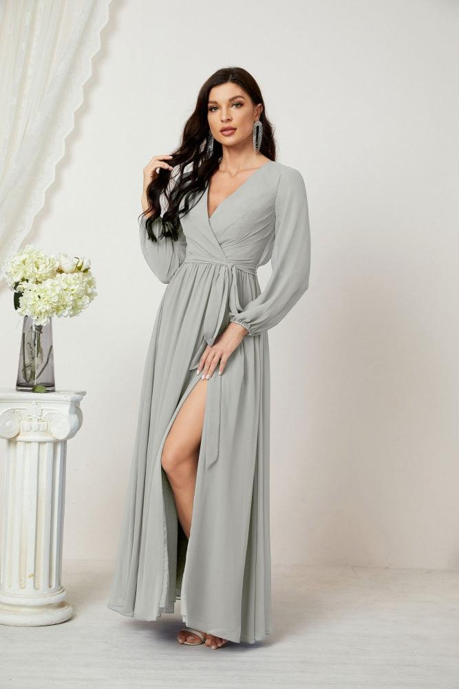 Numbersea Evening Dresses Deep V-Neck Chiffon Bridesmaid Dresses Long Bishop Sleeve Side Split Formal Dress 2806-numbersea