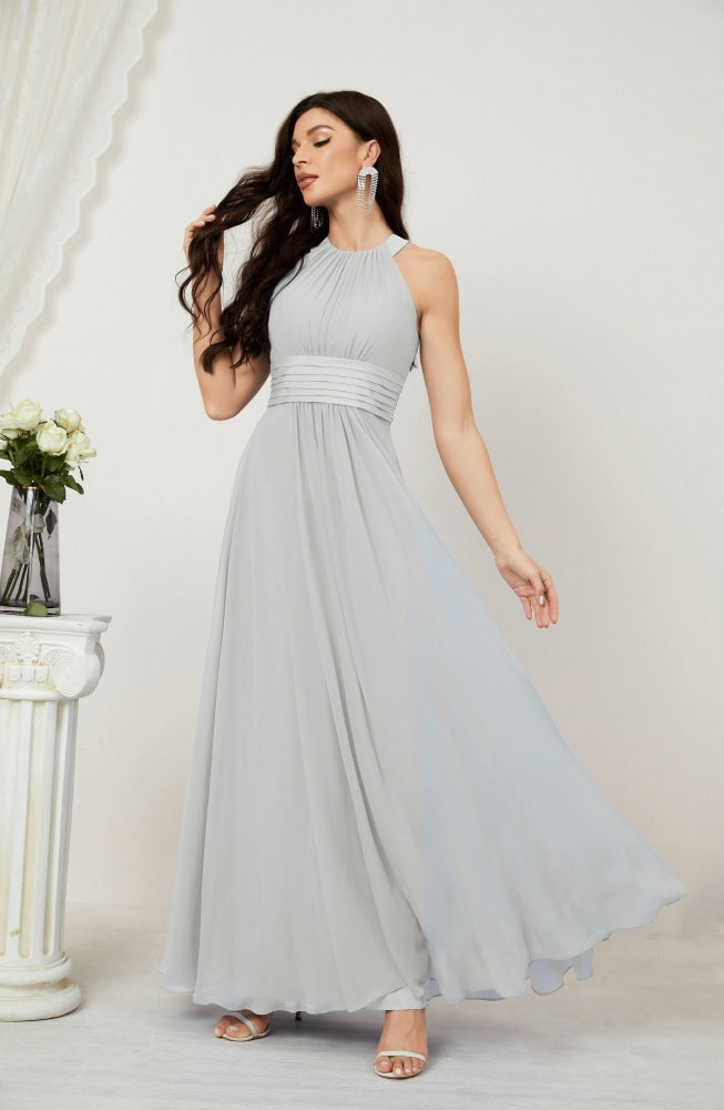 Numbersea Formal Party Gown Dress Chiffon Halter Long Sleeveless Bridesmaid Dresses 2802 Light Grey