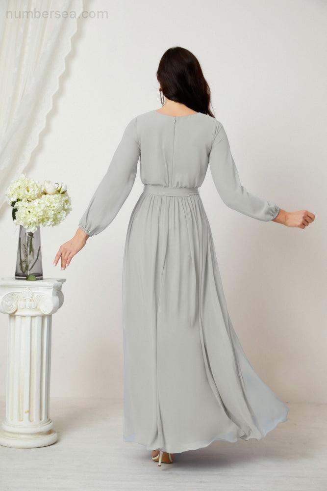Numbersea Evening Dresses Deep V-Neck Chiffon Bridesmaid Dresses Long Bishop Sleeve Side Split Formal Dress 2806-numbersea