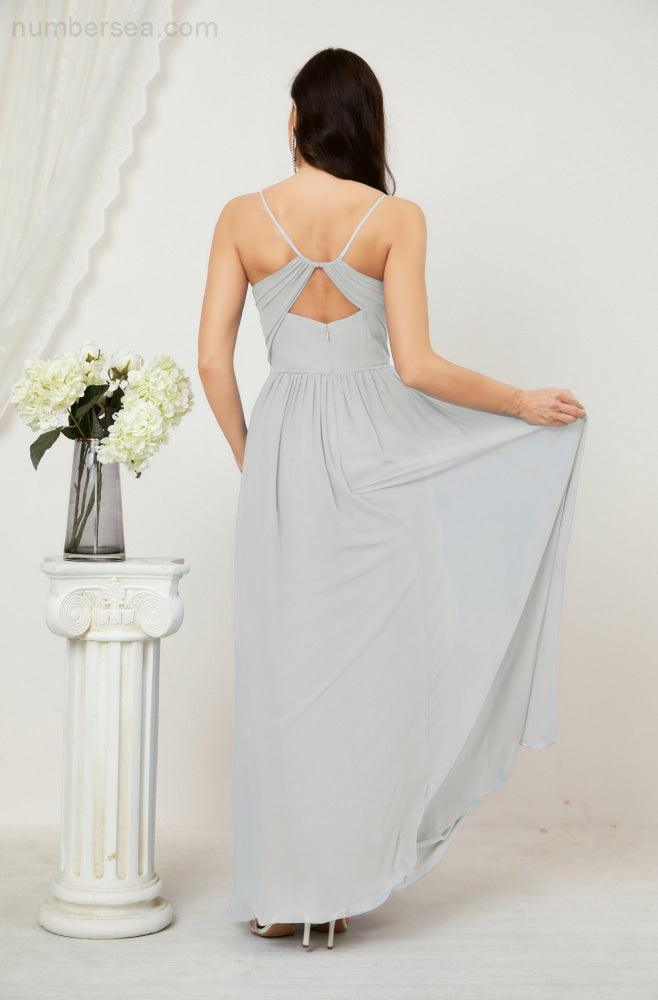 Numbersea Neck Bridesmaid Dresses Chiffon Long Spaghetti A-Line Formal Prom Gown For Wedding Party