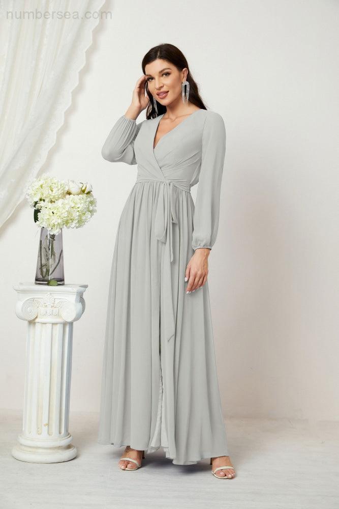 Numbersea Evening Dresses Deep V-Neck Chiffon Bridesmaid Dresses Long Bishop Sleeve Side Split Formal Dress 2806-numbersea