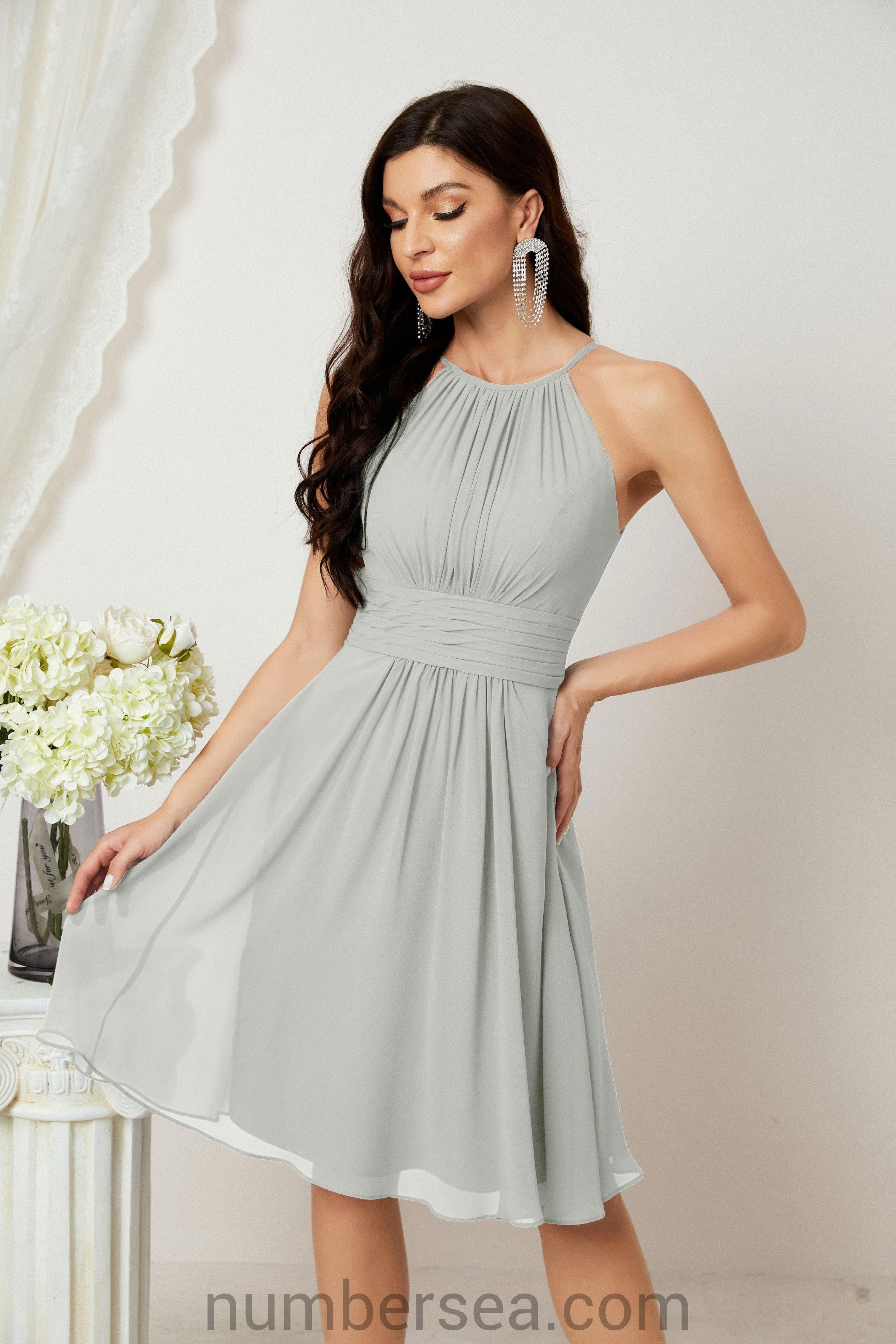 Halter Bridesmaid Dresses Knee Length A Line Formal Evening Party Cocktail Dress 28011