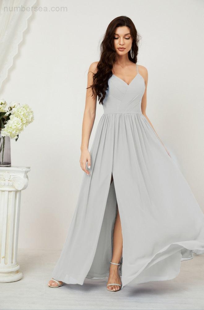 Numbersea Neck Bridesmaid Dresses Chiffon Long Spaghetti A-Line Formal Prom Gown For Wedding Party