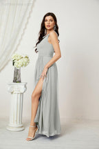 Numbersea Chiffon V-Neck Bridesmaid Dress Spaghetti Strap Long Formal Party Prom Gowns with Slit 28010-numbersea