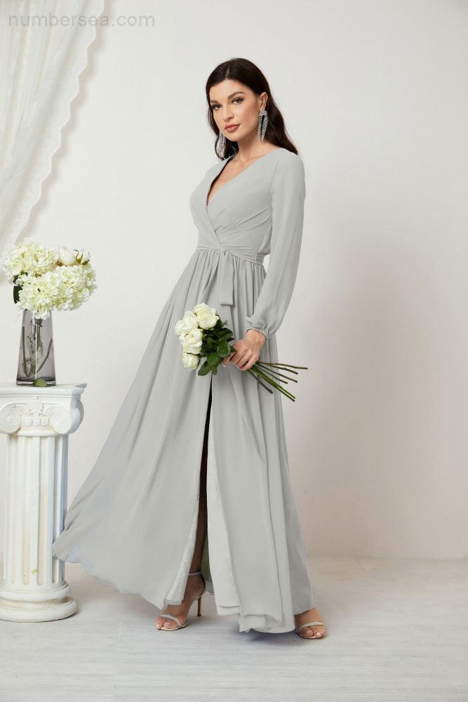 Numbersea Evening Dresses Deep V-Neck Chiffon Bridesmaid Dresses Long Bishop Sleeve Side Split Formal Dress 2806-numbersea