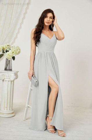 Numbersea Neck Bridesmaid Dresses Chiffon Long Spaghetti A-Line Formal Prom Gown For Wedding Party