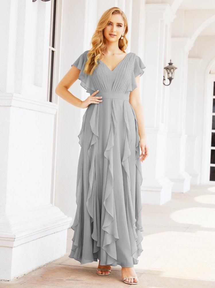 Ruffled Bridesmaid Dresses with Sleeves Long Formal Party Dress 28041-numbersea
